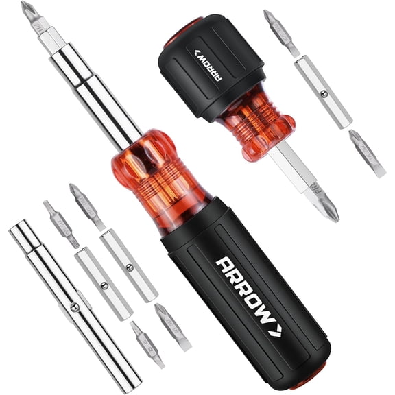 ARROW 2PCS Multi-Screwdriver Set, 11-in-1 Standard/5-in-1 Stubby Multi-bit Screw Driver & Nut Driver Set, Premium S2 Steel, Comfortable Grip, with Phillips, Slotted, Torx, Square Bits and Hex Sockets