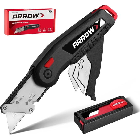 ARROW Utility Knife, Speed Release Folding Knife with Blade Storage Design, Quick Change Box Cutter with Belt Clip and Landyard Hole, Extra 13 Pieces 2 Blades Included