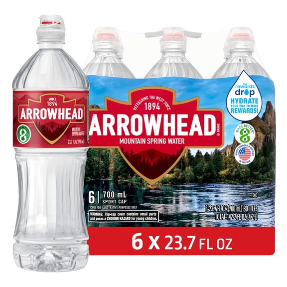 Arrowhead Mountain Spring Water, Sport Cap, 23.7 Fl Oz, 6-Pack Plastic Bottles