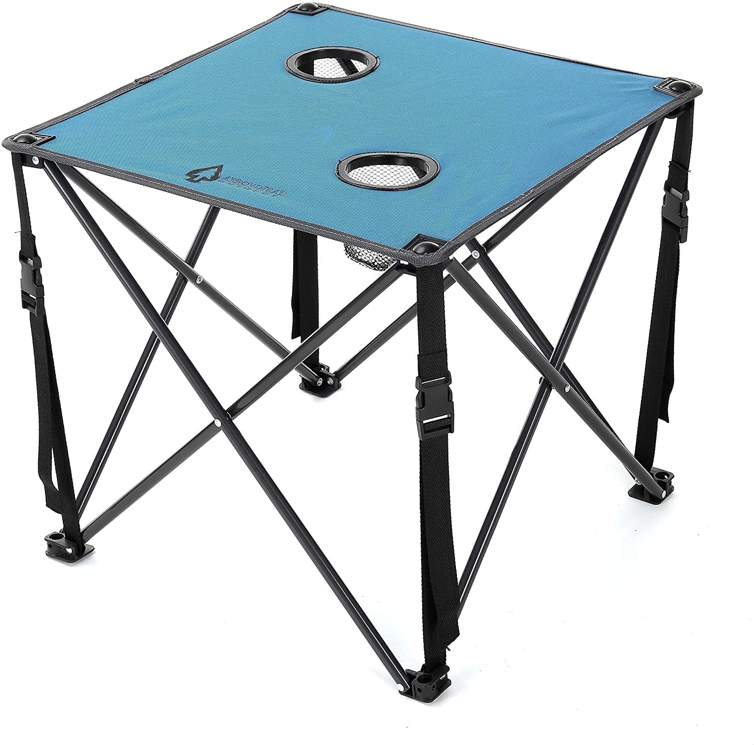 Blue Heavy-Duty Steel Frame Folding Camping Table with Cup Holders