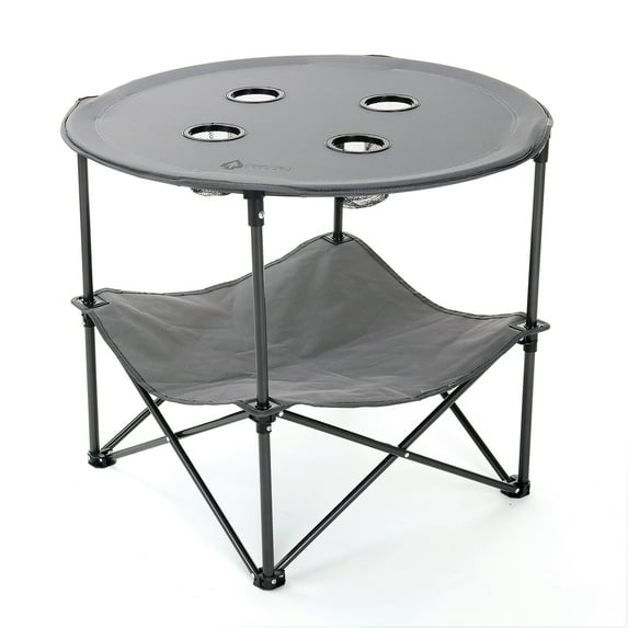 ARROWHEAD OUTDOOR 28” Portable Folding Table, 4 Cup Holders, No Sag Surface, Compact, Round, Carrying Case, Steel Frame, High-Grade 600D Canvas, Lower Storage Area, USA-Based Support (Grey)