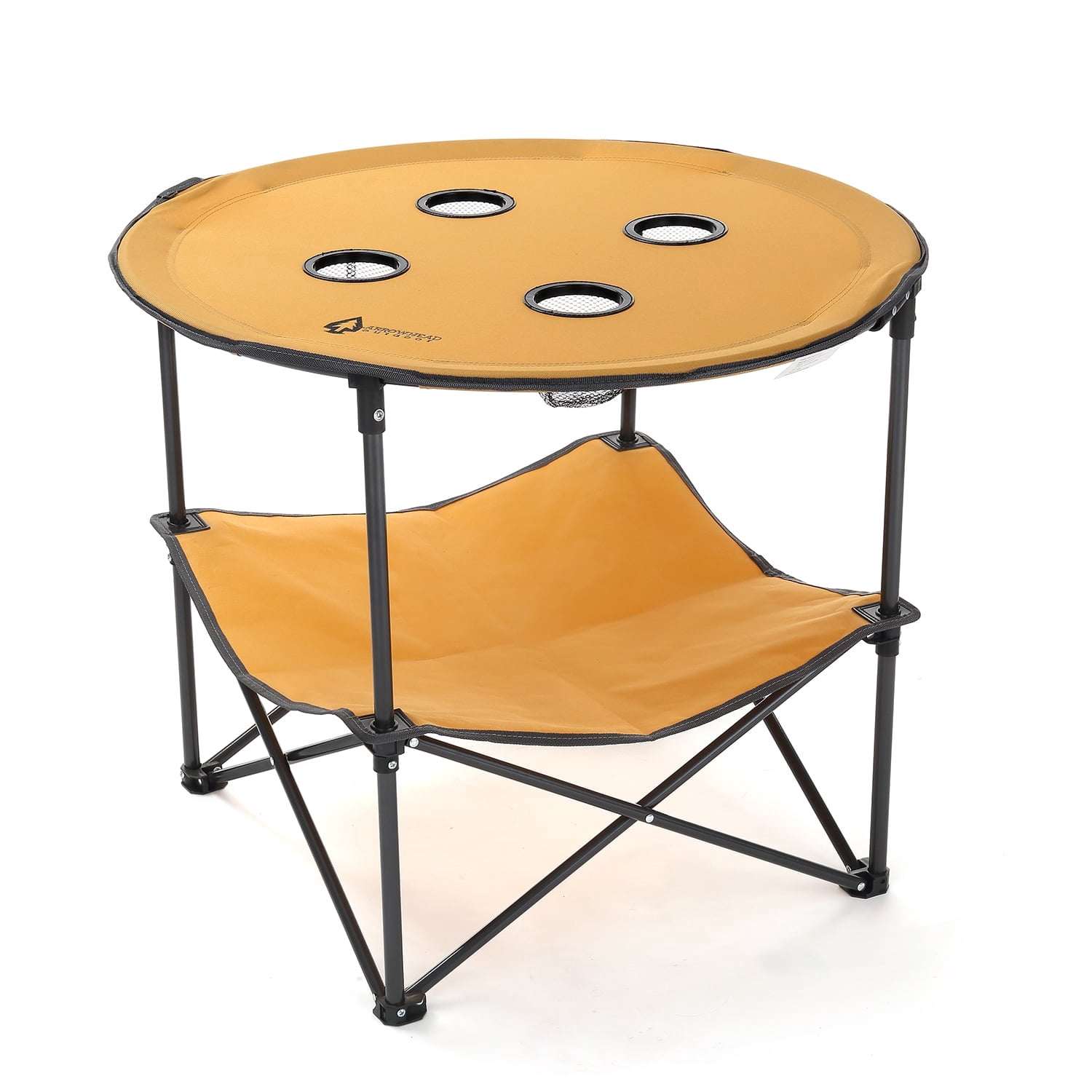 ARROWHEAD OUTDOOR 28” Portable Folding Table, 4 Cup Holders, No Sag Surface, Compact, Round ...