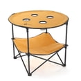 thumbnail image 1 of ARROWHEAD OUTDOOR 28” Portable Folding Table, 4 Cup Holders, No Sag Surface, Compact, Round, Carrying Case, Steel Frame, High-Grade 600D Canvas, Lower Storage Area, USA-Based Support (Tan), 1 of 7