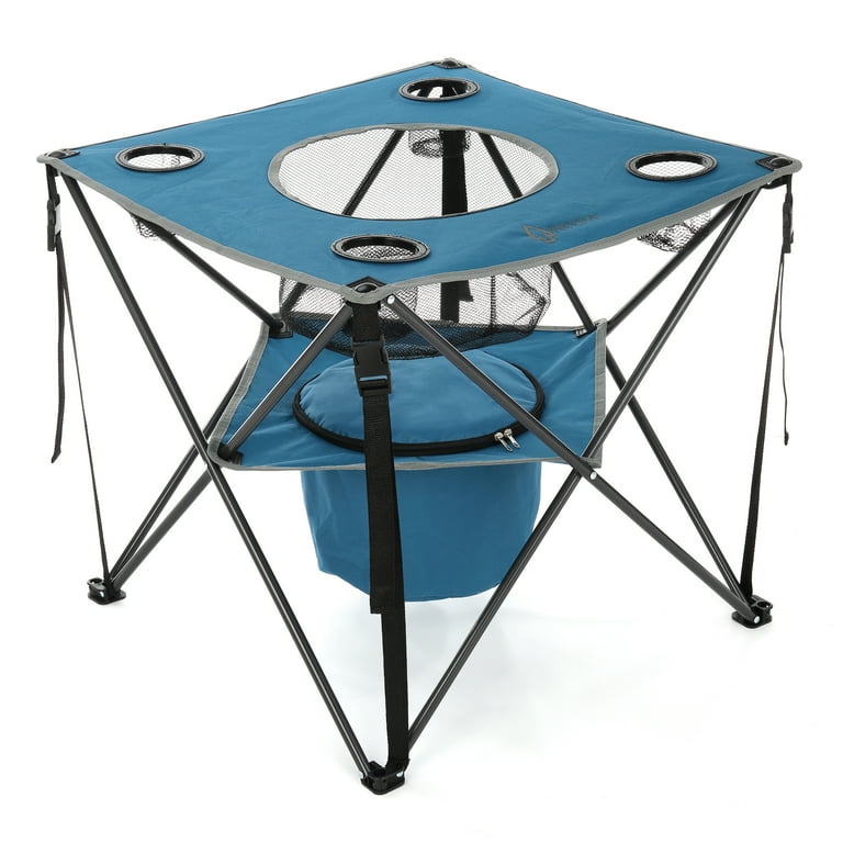 ARROWHEAD OUTDOOR 33.5 Portable Folding Tailgate Table 4 Cup Holders Food Basket Insulated Cooler No Sag Surface Carrying Case Steel Frame