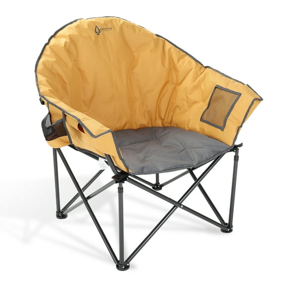 ARROWHEAD OUTDOOR Oversized Heavy-Duty Club Folding Camping Chair w/ External Pocket, Cup Holder, Portable, Padded, Moon, Round, Saucer, Supports 330lbs, Carrying Bag, USA-Based Support (Tan)
