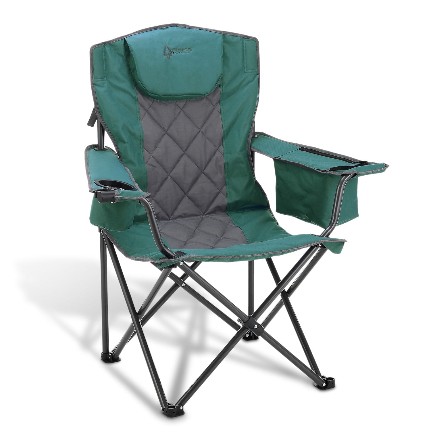 Green Padded Folding Camping Chair with Cooler and Cup Holders
