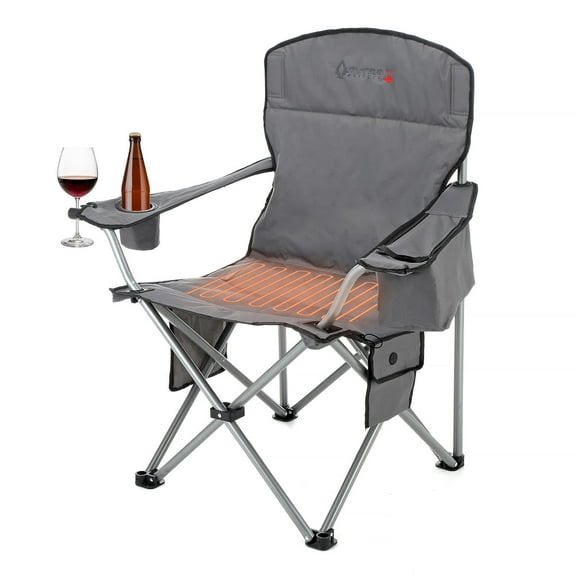 ARROWHEAD OUTDOOR Portable Heated Folding Camping Chair w/ 6-Can Cooler, 3 Heat Settings, Cup & Wine Glass Holder, Grey