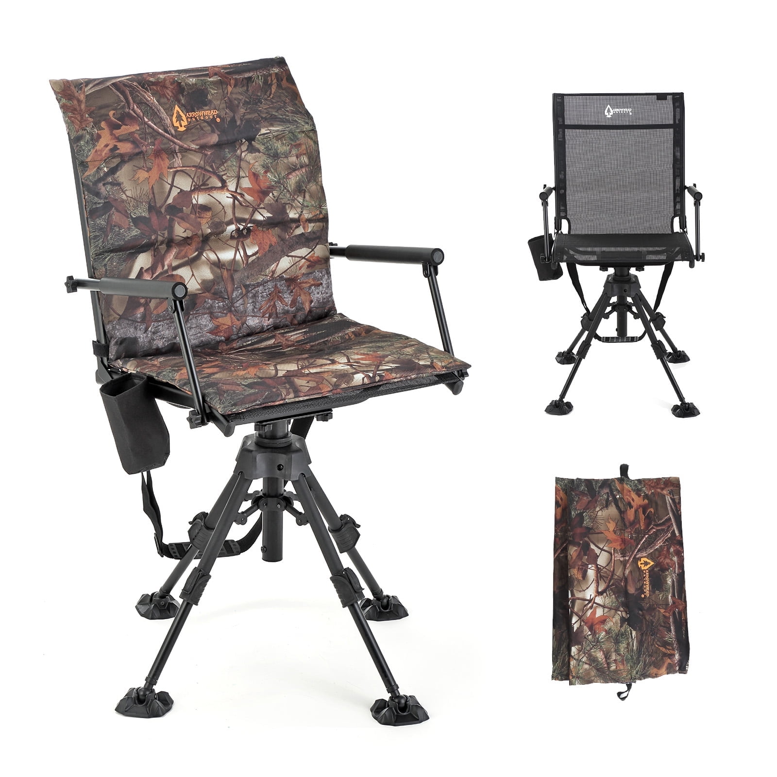 ARROWHEAD OUTDOOR Wide Folding 360° Hunting Swivel Blind Chair with Removable Camouflage Seat Pad, Armrest, No-sink Feet, Shoulder Strap, Mesh Chair, Adjustable Height