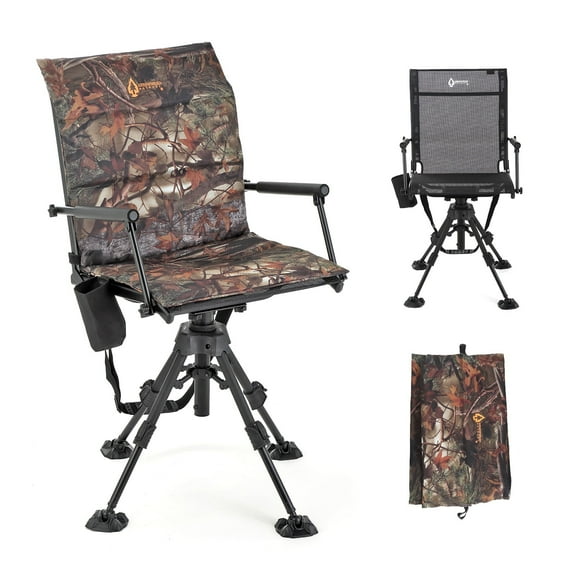 ARROWHEAD OUTDOOR Wide Folding 360 Hunting Swivel Blind Chair with Removable Camouflage Seat Pad, Armrest, No-sink Feet, Shoulder Strap, Mesh Chair, Adjustable Height