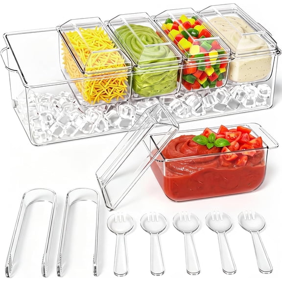 ARS EOE Condiment Tray, Chilled Condiment Server, Bar Accessories on Ice | Condiment Caddy for Home, Party and Celebration, Bar Accessories with Removable Trays and Lids (5 Spoons & 2 Tongs)