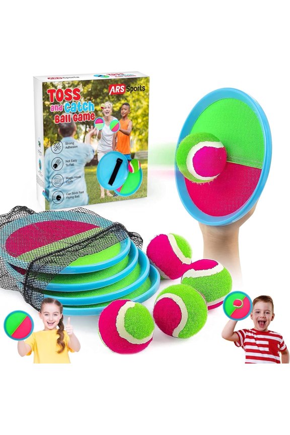 Toss and Catch Ball Game Set 4 Sticky Paddles, 4 Soft Balls, with Storage Bag