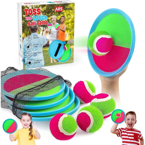 ARS Sports Toss & Catch Ball Game Set, 4 Sticky Paddles & 4 Soft Balls with Storage Bag