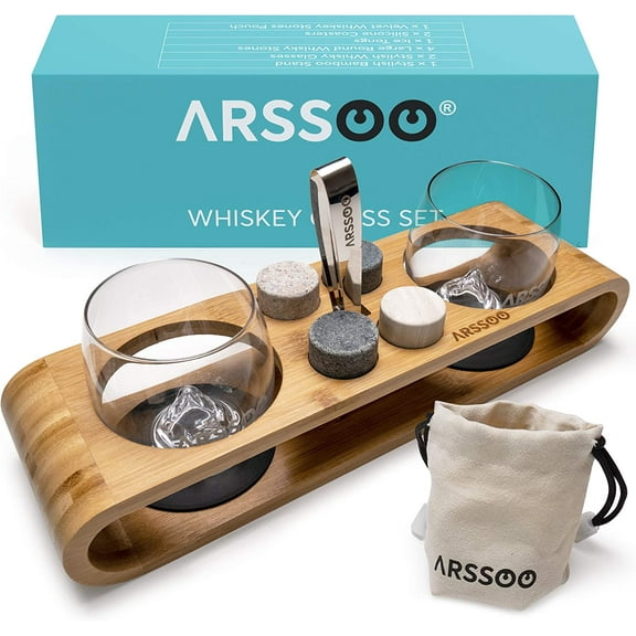 ARSSOO Whiskey Glass & Whiskey Stones Gift Set - 2 10Oz Scotch Bourbon Glasses, 4 Round Chilling Stones, 1 Ice Tong, 2 Coasters, Bamboo Stand & Velvet Bag - Unique Father's Day Birthday