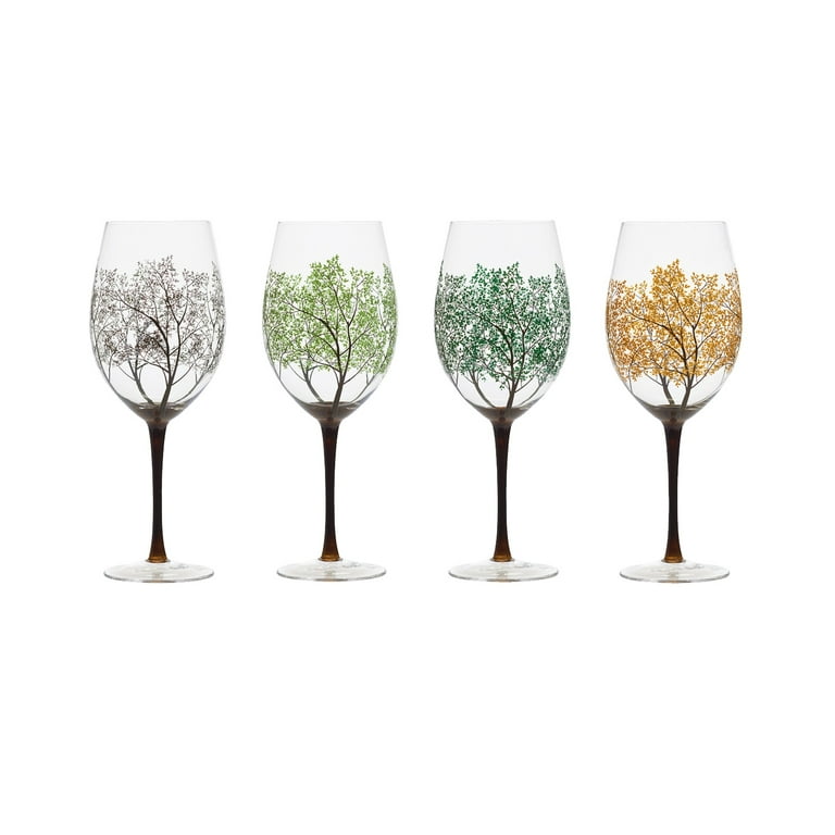 ART & ARTIFACT Four Seasons Tree Wine Glasses Set of 4 Unique Hand Painted Wine  Glasses with Stem, 10 Inch, 22 Ounce 
