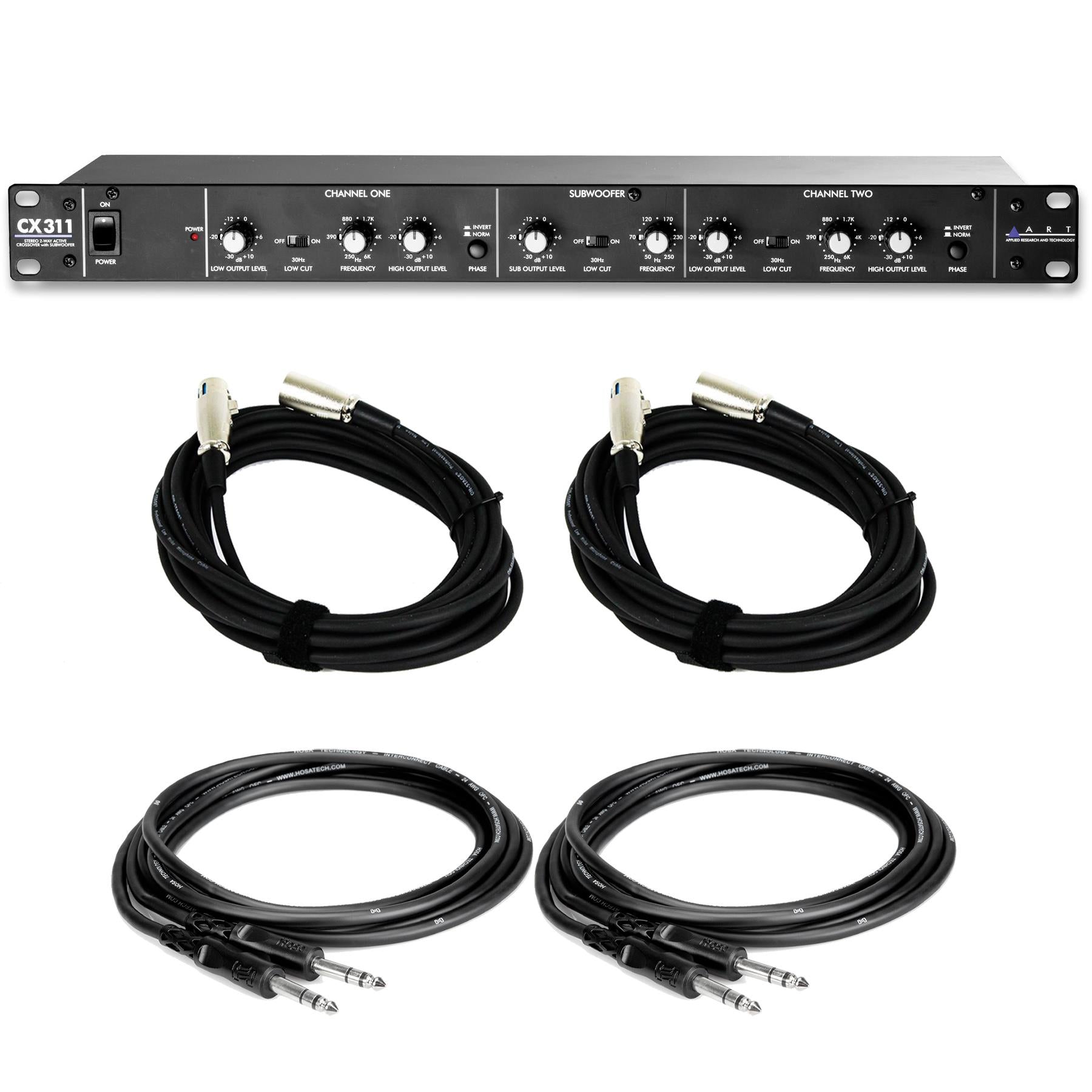 ART CX311 2-Way Crossover with Subwoofer Out Bundle with XLR & TRS Cables