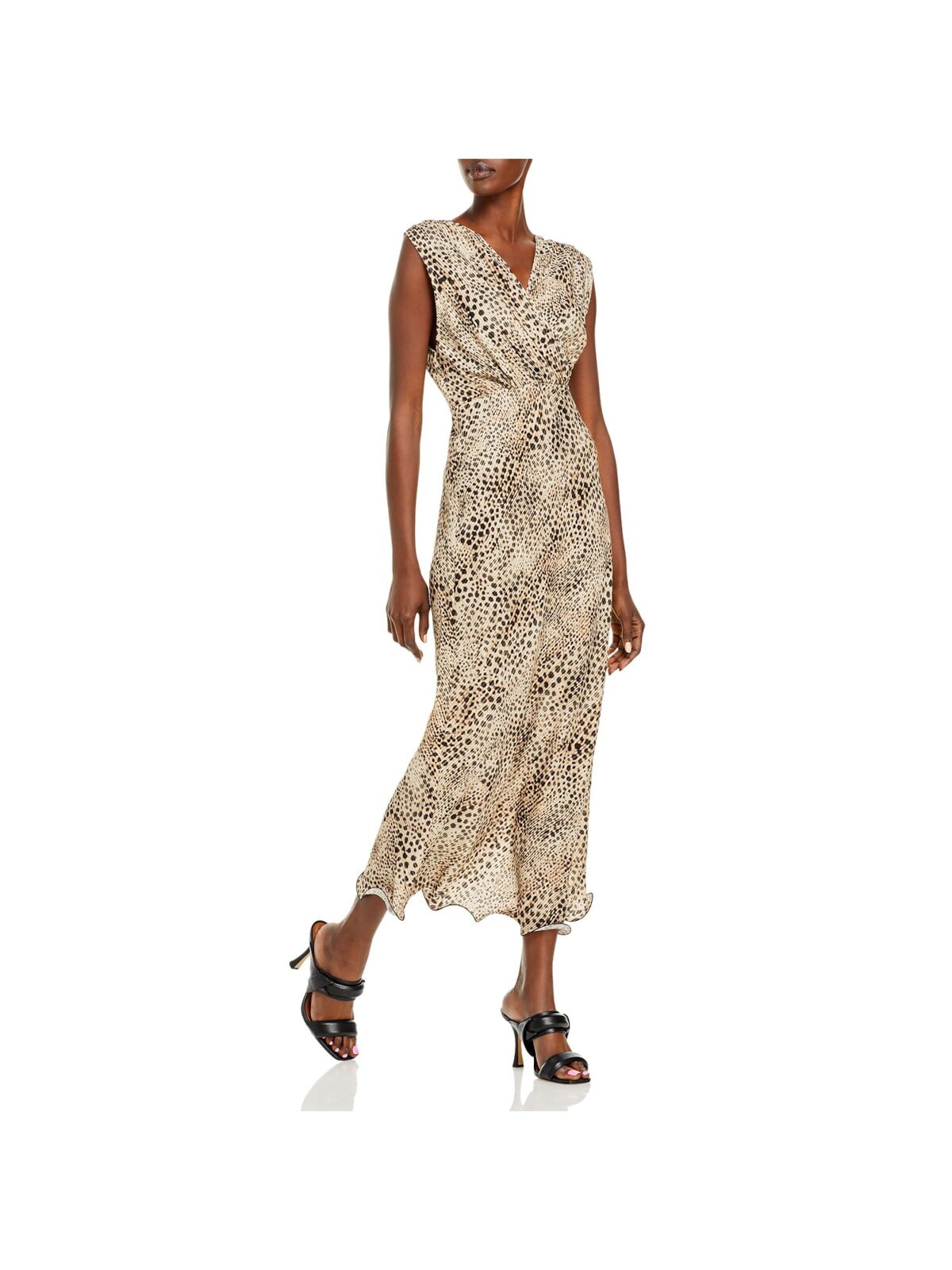 Beige Silk Sleeveless V-Neck Maxi Dress with Animal Print