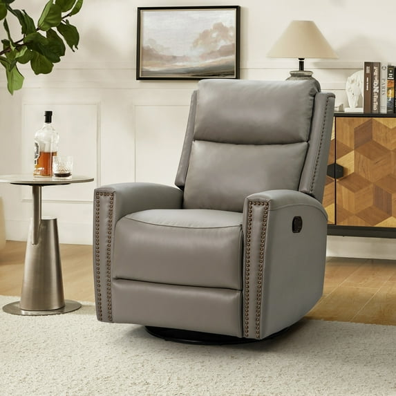Art of Living Designs Fiacro 30.31"Wide Modern Genuine Leather Wingback Swivel Rocker Recliner with Nailhead Trims DOVE