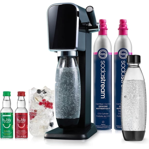 - ART Sparkling Water Maker | VALUE BUNDLE | CQC CO2 system | Includes 2x CO2 Cylinders, 2x 32 Fl Oz Dishwasher Safe Bottles, 2x Bubly Flavor Drops | Combine with Pepsi Flavors | Black