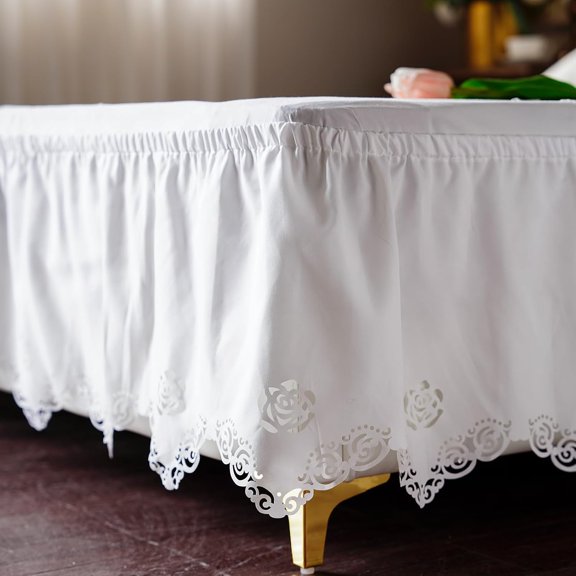 ARTABLE Lace Bed Skirts Wrap Around Ruffled Bed Scarf Elastic Dust with Adjustable Belts 15 Inch Drop Twin Queen King Size Lace Trimmed Bed Skirt (Offwhite B, Queen (60 x 80'')-15 Inch Drop)
