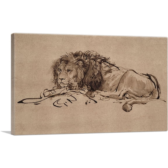 ARTCANVAS A Lion Lying Down 1650 Canvas Art Print by Rembrandt van Rijn - Size: 26" x 18" (0.75" Deep)