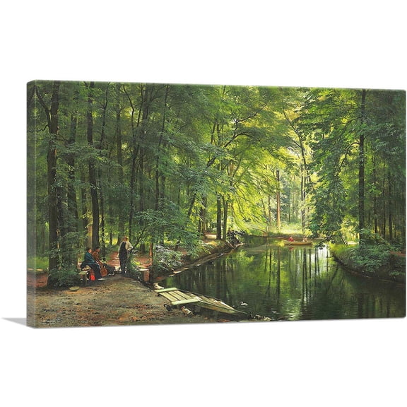 ARTCANVAS A Stream In Spring Woods With Two Women In Rowboat 1885 Canvas Art Print by Carl Frederik Aagaard - Size: 12" x 8" (0.75" Deep)