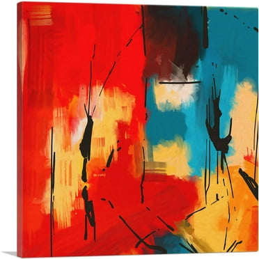 ARTCANVAS Abstract Tan Orange Teal Red Yellow Canvas Art Print - Size: 18" x 18" (0.75" Deep)