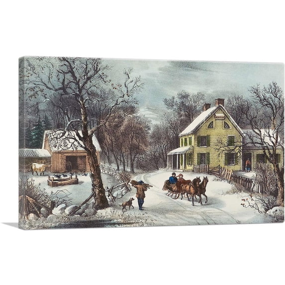 ARTCANVAS American Homestead Winter Canvas Art Print by Currier And Ives - Size: 18" x 12" (1.50" Deep)