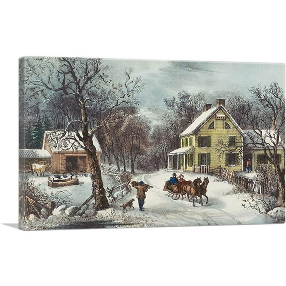 ARTCANVAS American Homestead Winter Canvas Art Print by Currier And Ives - Size: 40" x 26" (0.75" Deep)