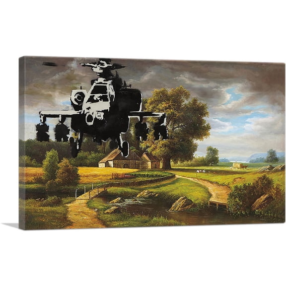 ARTCANVAS Apache Helicopter Over Farm Field Canvas Art Print by Banksy - Size: 26" x 18" (1.50" Deep)