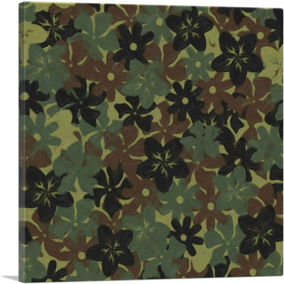 ARTCANVAS Army Green Brown Black Camo Camouflage Flowers Pattern Canvas Art Print - Size: 18" x 18" (0.75" Deep)