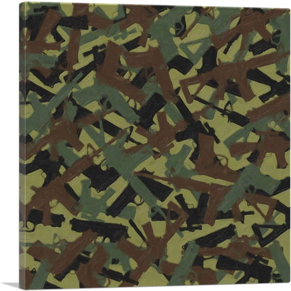 ARTCANVAS Army Green Camo Camouflage Machine Hand Gun Rifle Pattern Canvas Art Print - Size: 36" x 36" (0.75" Deep)