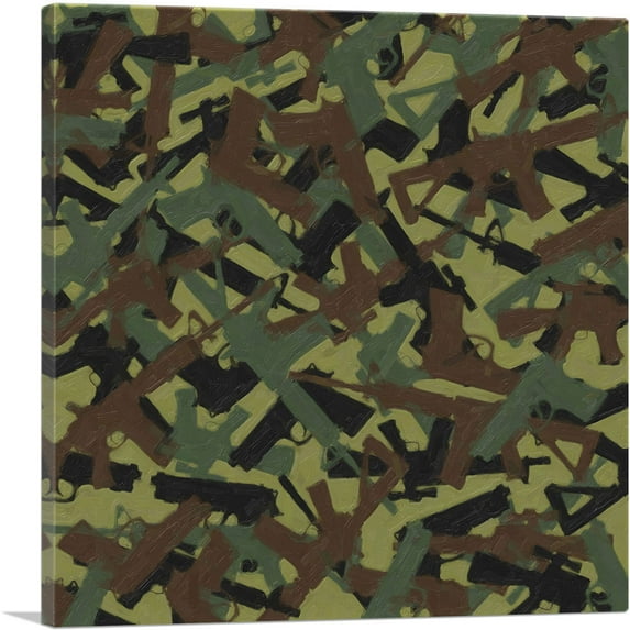 ARTCANVAS Army Green Camo Camouflage Machine Hand Gun Rifle Pattern Canvas Art Print - Size: 36" x 36" (1.50" Deep)
