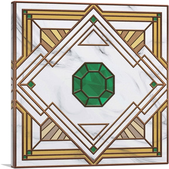 ARTCANVAS Art Deco Tan Jade Green Design on White Canvas Art Print - Size: 26" x 26" (0.75" Deep)