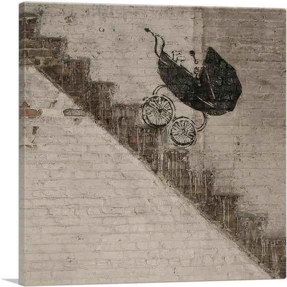 ARTCANVAS Baby Carriage Rolling Down Stairs Canvas Art Print by Banksy - Size: 18" x 18" (0.75" Deep)