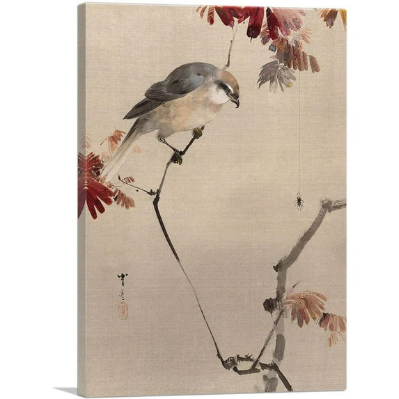 ARTCANVAS Bird On Branch Watching Spider 1887 Canvas Art Print by Watanabe Seitei - Size: 18" x 12" (1.50" Deep)