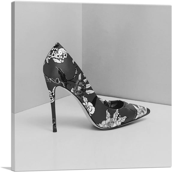 ARTCANVAS Black White Modern High Heels Shoe Stiletto Flower Pattern Canvas Art Print - Size: 12" x 12" (0.75" Deep)