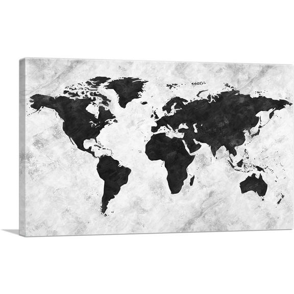 ARTCANVAS Black White World Map Canvas Art Print - Size: 18" x 12" (0.75" Deep)