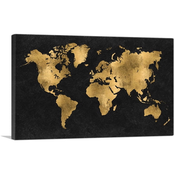 ARTCANVAS Black Yellow World Map Globe Canvas Art Print - Size: 12" x 8" (0.75" Deep)