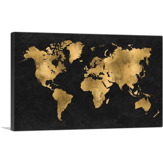 ARTCANVAS Black Yellow World Map Globe Canvas Art Print - Size: 26" x 18" (0.75" Deep)