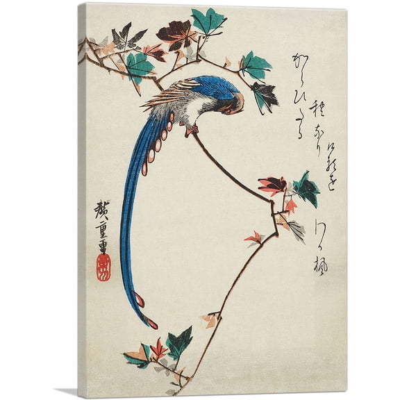 ARTCANVAS Blue Magpie On Maple Branch Canvas Art Print by Utagawa Hiroshige - Size: 60" x 40" (0.75" Deep) (3-Piece)