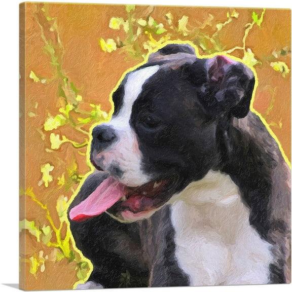 ARTCANVAS Boston Terrier Dog Breed Orange Yellow Flowers Canvas Art Print - Size: 18" x 18" (0.75" Deep)
