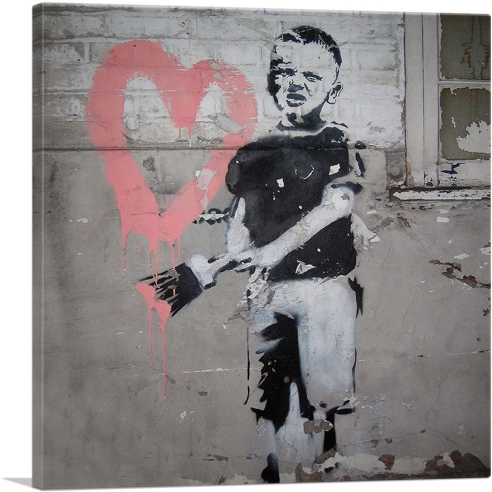 ARTCANVAS Boy Painting Pink Heart Canvas Art Print by Banksy