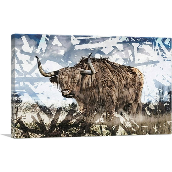ARTCANVAS Bull In Field Painting Home decor Canvas Art Print - Size: 18" x 12" (1.50" Deep)