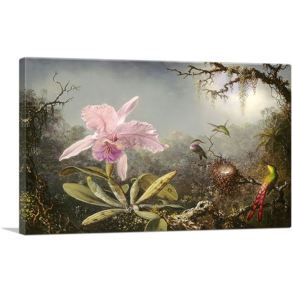ARTCANVAS Cattleya Orchid and Three Hummingbirds 1871 Canvas Art Print by Martin Johnson Heade - Size: 26" x 18" (0.75" Deep)