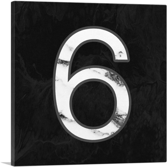 ARTCANVAS Classy Black White Marble Alphabet Number 6 Six Numeral Canvas Art Print - Size: 12" x 12" (0.75" Deep)