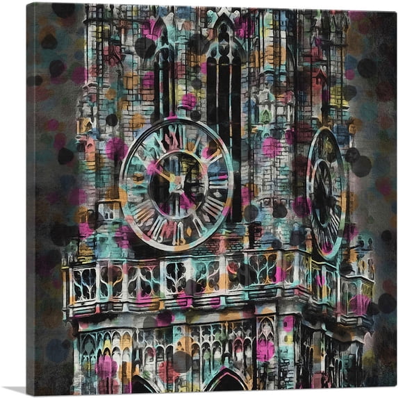 ARTCANVAS Clock Tower With Birds Colorful Painting Home decor Canvas Art Print - Size: 36" x 36" (1.50" Deep)