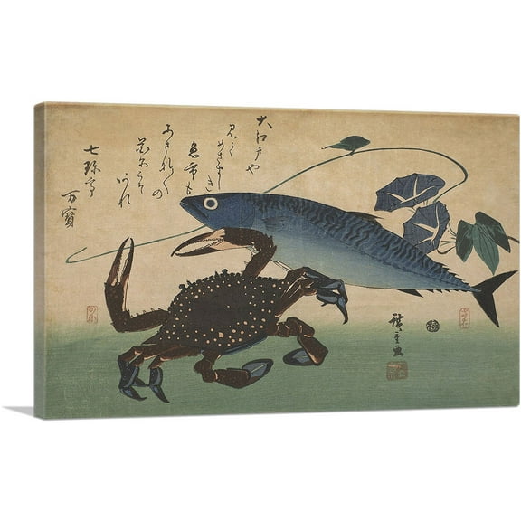 ARTCANVAS Crab with Mackerel Canvas Art Print by Utagawa Hiroshige - Size: 26" x 18" (0.75" Deep)
