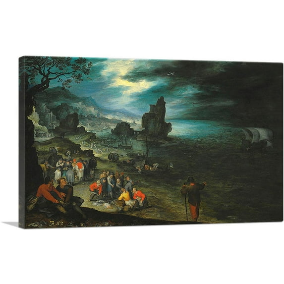 ARTCANVAS Extensive Coastal Landscape Fisherman Selling their Catch Canvas Art Print by Jan Brueghel The Elder - Size: 26" x 18" (0.75" Deep)
