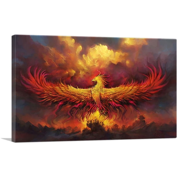ARTCANVAS Fire Phoenix in Flight Canvas Art Print - Size: 12" x 8" (0.75" Deep)
