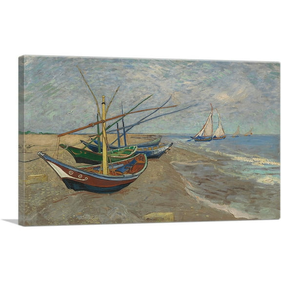 ARTCANVAS Fishing Boats on the Beach at Saintes-Maries 1888 Canvas Art Print by Vincent Van Gogh - Size: 26" x 18" (0.75" Deep)